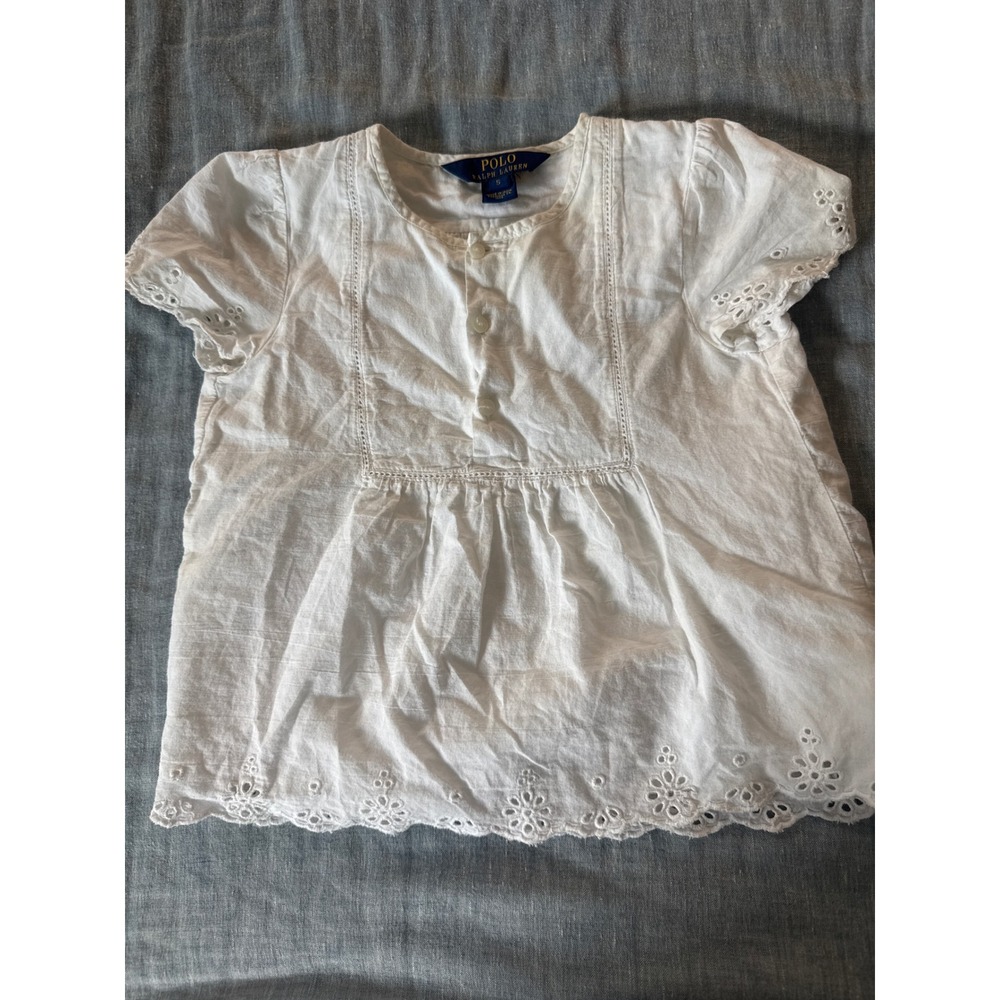 Polo Ralph Lauren Girls White Eyelet Trim Cotton Blouse Top Short Sleeve Size 5